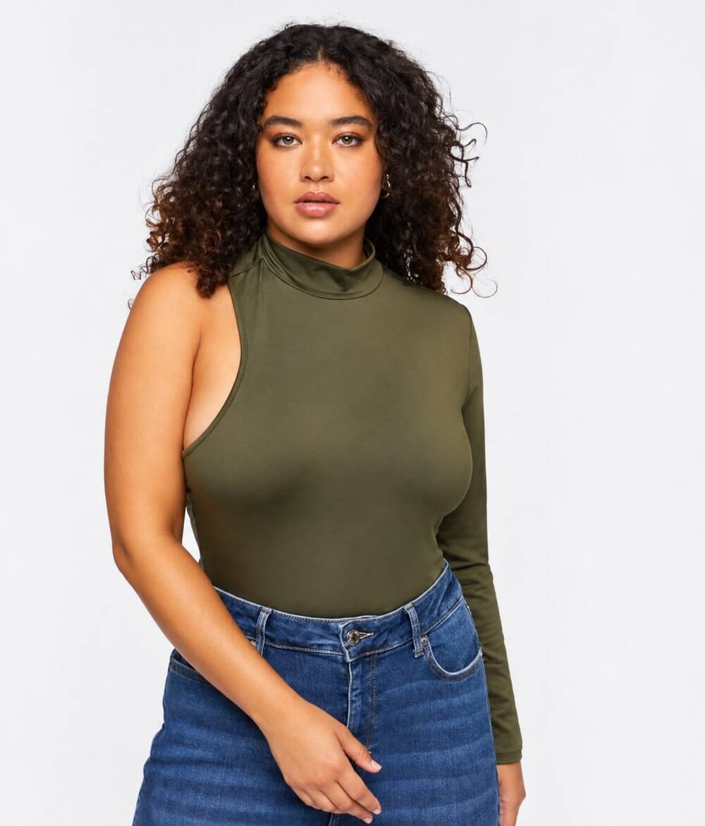 Forever 21 Green Solid One-Shoulder Long Sleeve One Piece Bodysuit Women's 3X